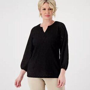 Susan Graver Passport Knit Eyelet 3/4 Sleeve Top-Black-Small-NEW-A600386